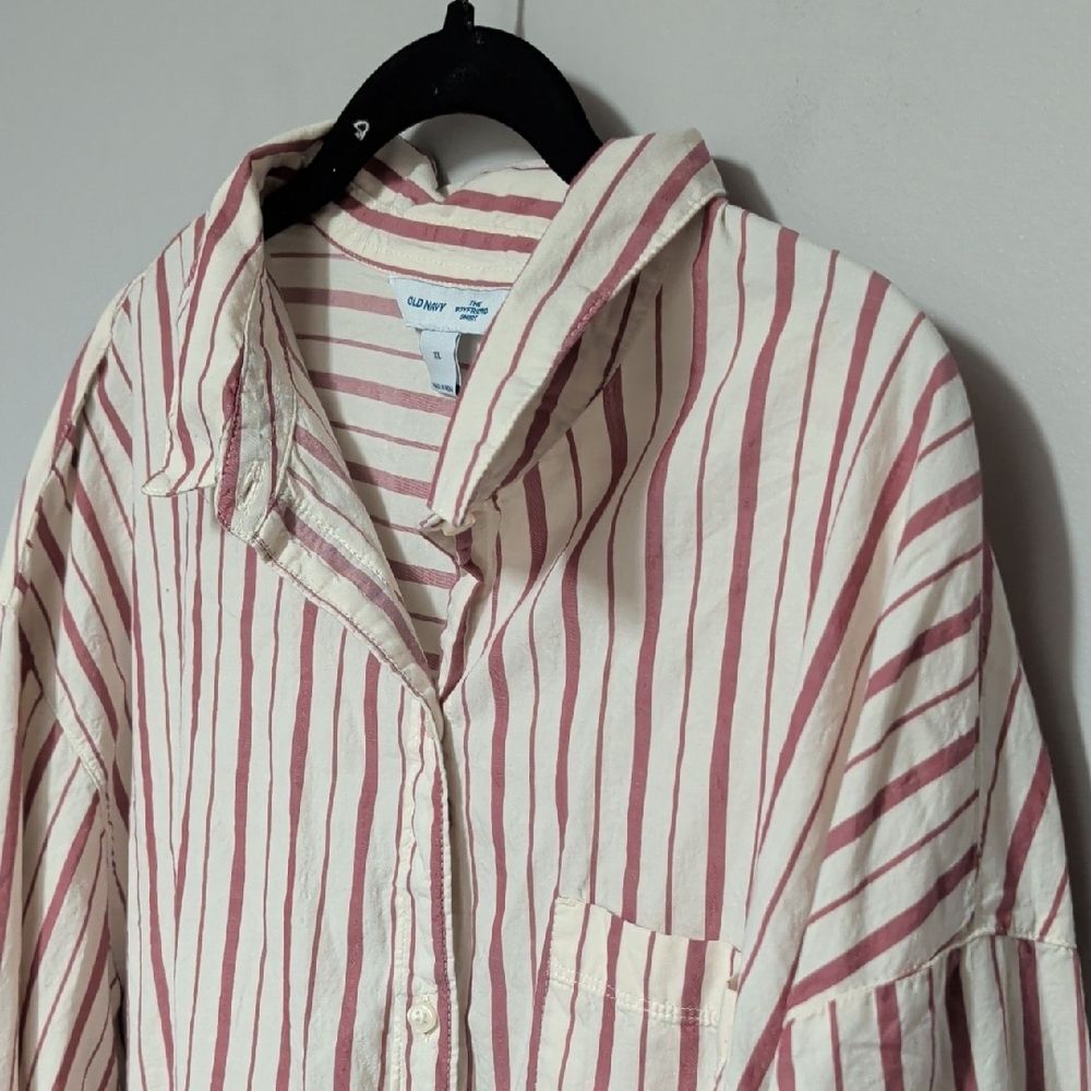 Old Navy Women's Red and White Striped Button Down Shirt - Picture 3 of 6